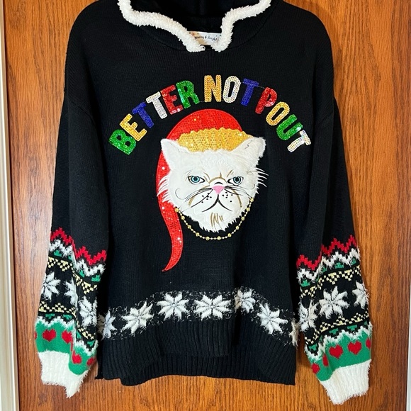 Grumpy Cat “Better Not Pout” Ugly Christmas Sweater, Hooded, SZ M Furry Trim - Picture 3 of 10